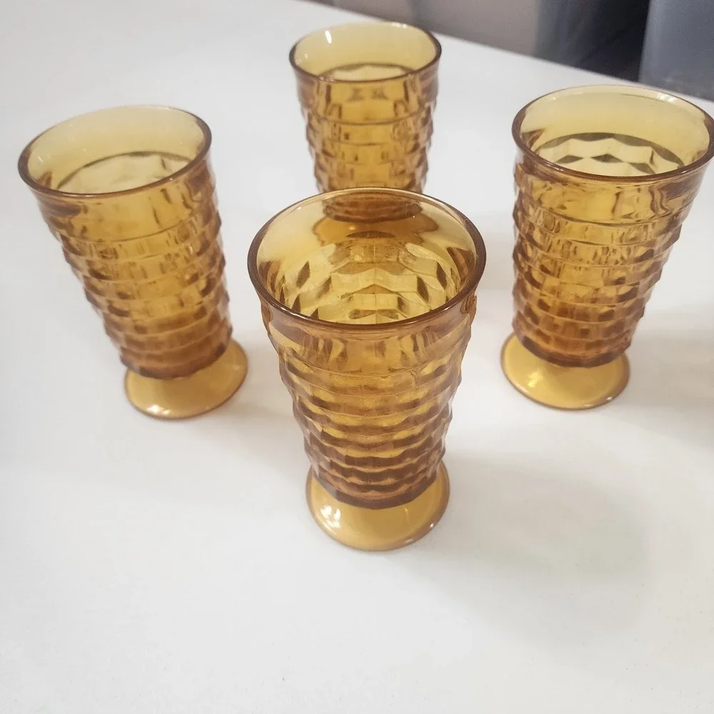 Vintage Whitehall Colony Cubist Indiana Glass Amber Footed Tumbler 6